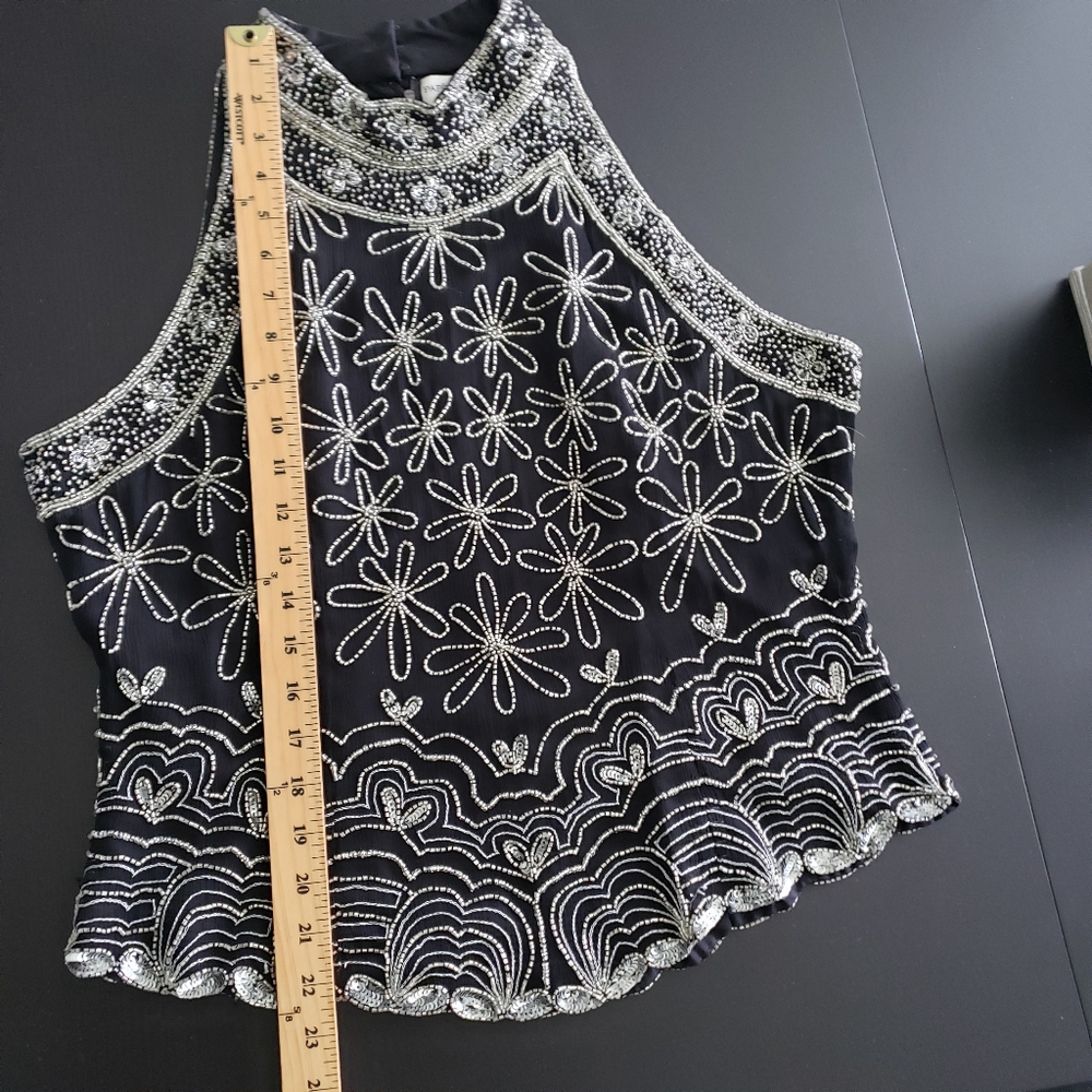 Papell Boutique 100% Silk Black and Silver Embellished Top Size Xl - Picture 6 of 7